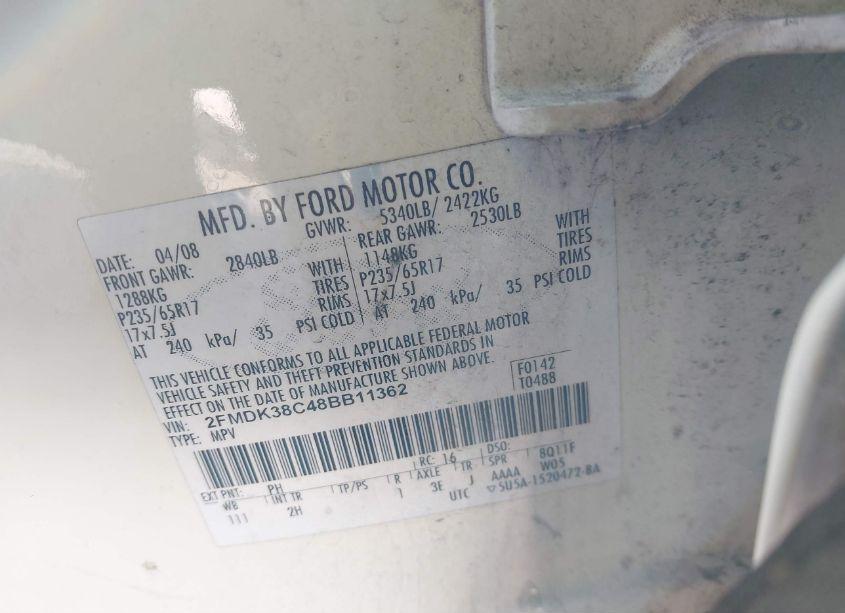 Photo 9 of 2008 Ford Edge SEL (VIN 2FMDK38C48BB11362)