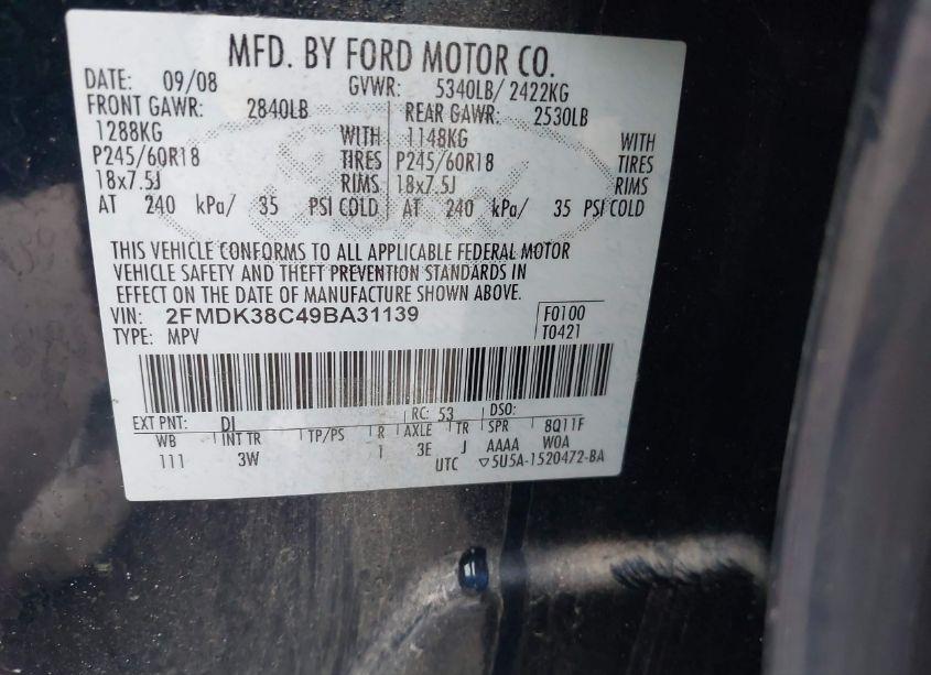 Photo 9 of 2009 Ford Edge SEL (VIN 2FMDK38C49BA31139)