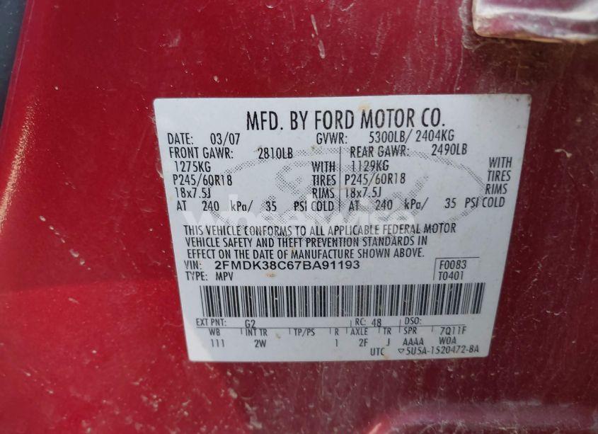 Photo 9 of 2007 Ford Edge SEL (VIN 2FMDK38C67BA91193)