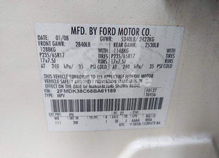 Photo 9 of 2008 Ford Edge SEL (VIN 2FMDK38C68BA61189)