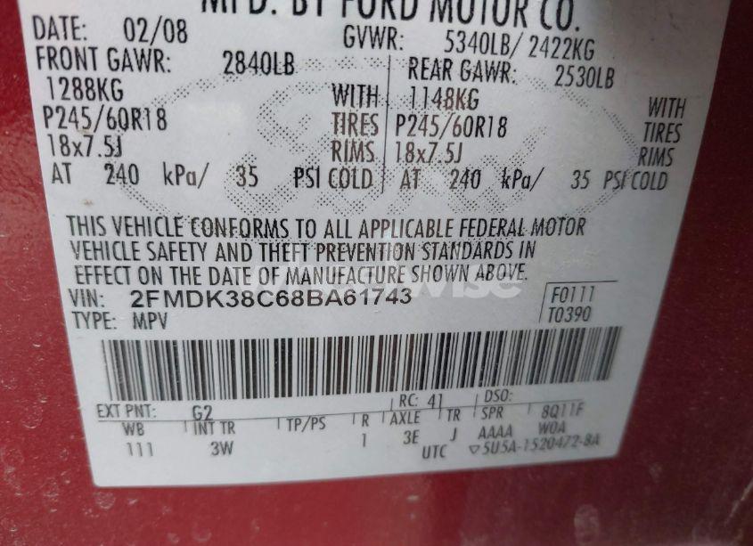 Photo 9 of 2008 Ford Edge SEL (VIN 2FMDK38C68BA61743)