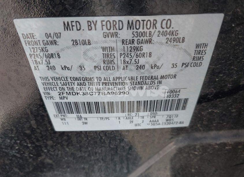 Photo 9 of 2007 Ford Edge SEL (VIN 2FMDK38C77BA96290)