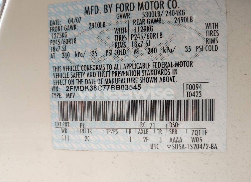 Photo 9 of 2007 Ford Edge SEL (VIN 2FMDK38C77BB03545)