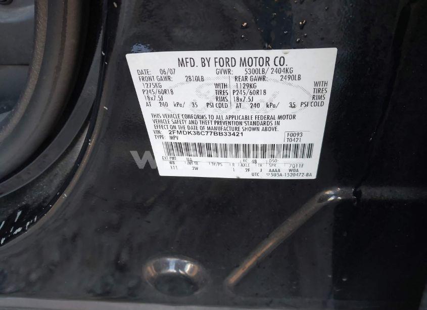 Photo 9 of 2007 Ford Edge SEL (VIN 2FMDK38C77BB33421)