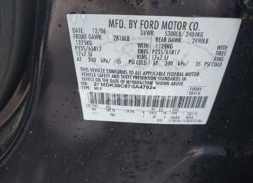 Photo 9 of 2007 Ford Edge SEL (VIN 2FMDK38C87BA47924)
