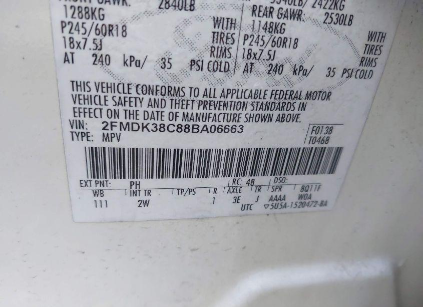 Photo 9 of 2008 Ford Edge SEL (VIN 2FMDK38C88BA06663)