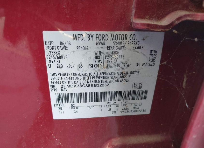 Photo 9 of 2008 Ford Edge SEL (VIN 2FMDK38C88BB32232)