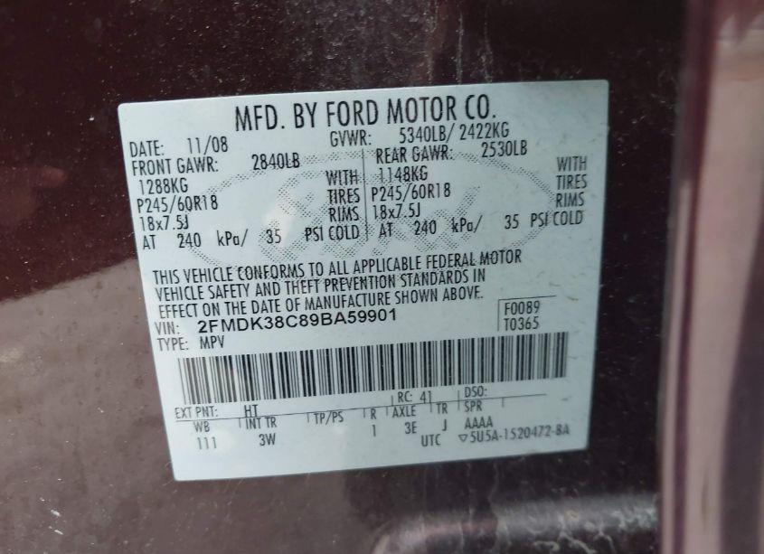 Photo 9 of 2009 Ford Edge SEL (VIN 2FMDK38C89BA59901)