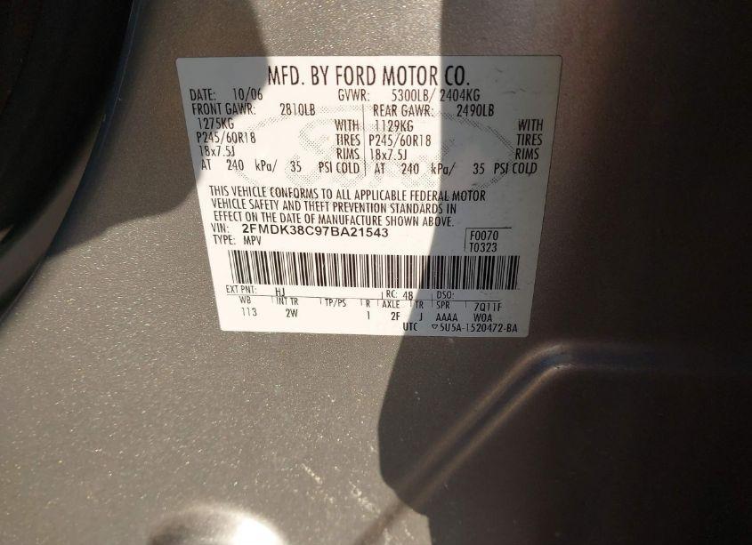 Photo 9 of 2007 Ford Edge SEL (VIN 2FMDK38C97BA21543)