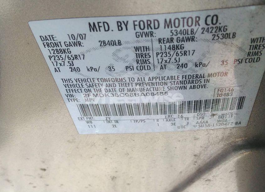 Photo 9 of 2008 Ford Edge SEL (VIN 2FMDK38C98BA08485)