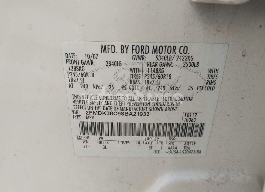 Photo 9 of 2008 Ford Edge SEL (VIN 2FMDK38C98BA21933)