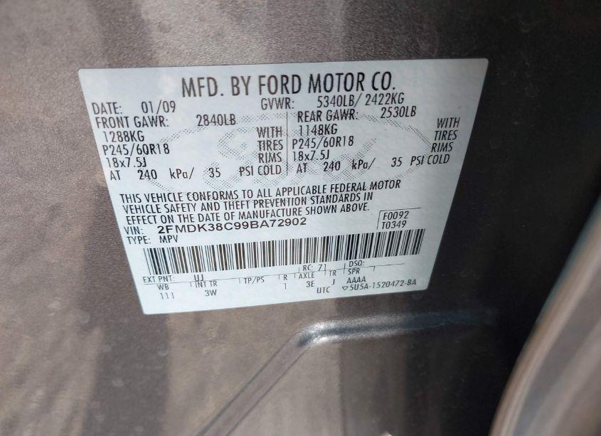Photo 9 of 2009 Ford Edge SEL (VIN 2FMDK38C99BA72902)