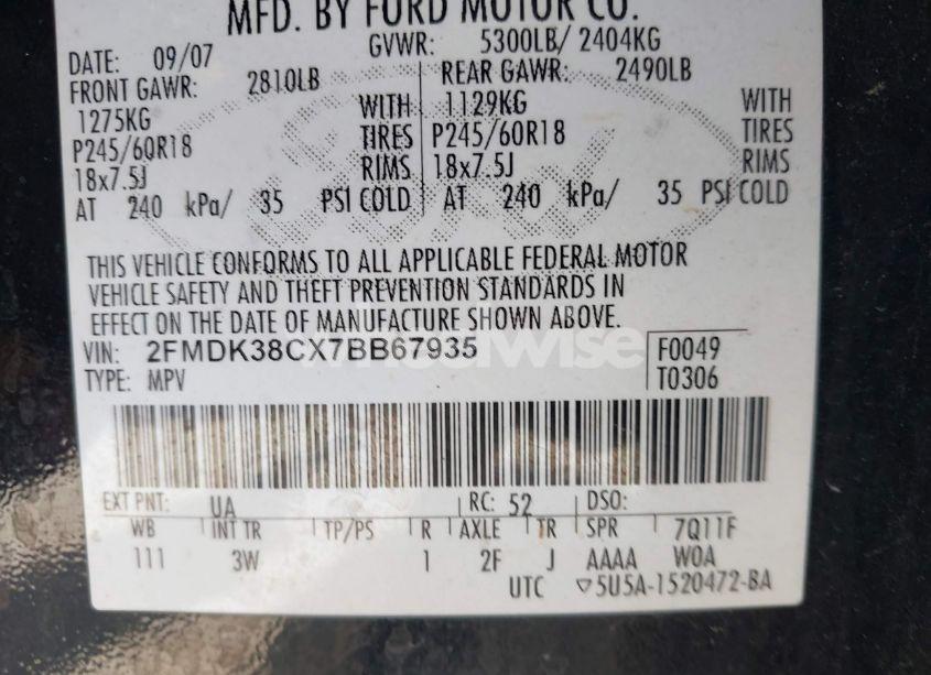 Photo 9 of 2007 Ford Edge SEL (VIN 2FMDK38CX7BB67935)