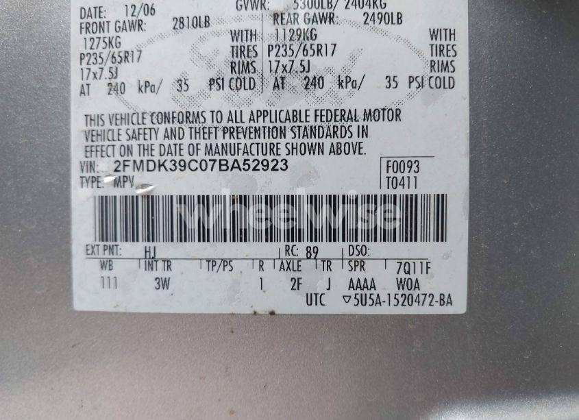 Photo 9 of 2007 Ford Edge SEL PLUS (VIN 2FMDK39C07BA52923)