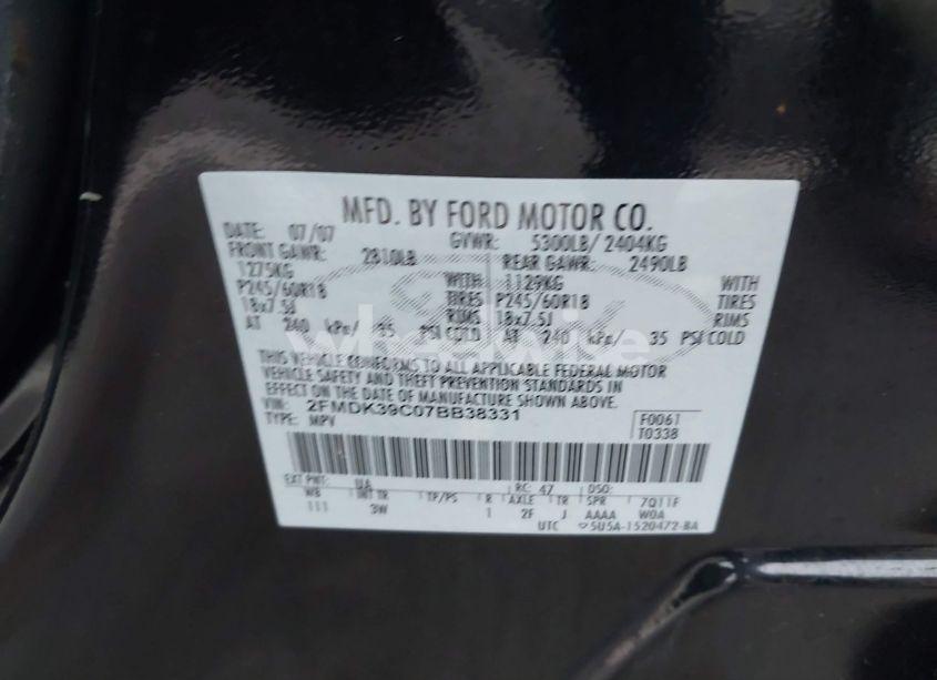 Photo 9 of 2007 Ford Edge SEL PLUS (VIN 2FMDK39C07BB38331)
