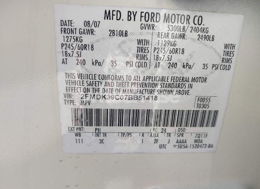 Photo 9 of 2007 Ford Edge SEL PLUS (VIN 2FMDK39C07BB51418)