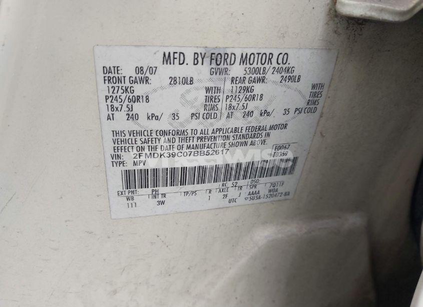 Photo 9 of 2007 Ford Edge SEL PLUS (VIN 2FMDK39C07BB52617)