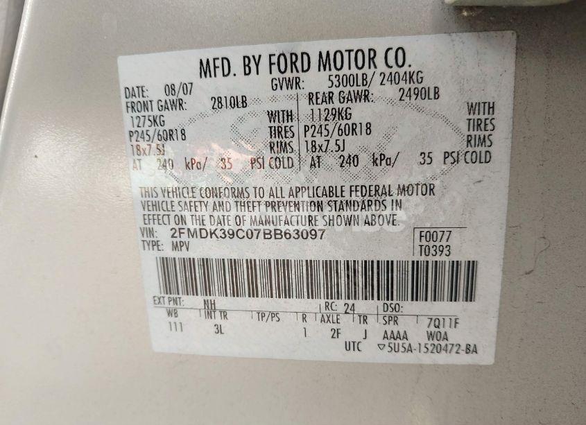 Photo 9 of 2007 Ford Edge SEL PLUS (VIN 2FMDK39C07BB63097)