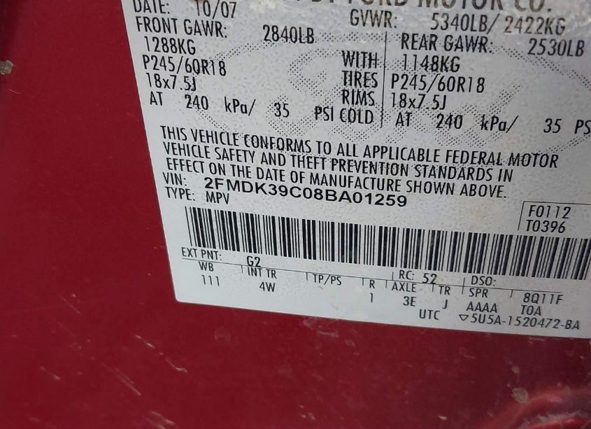 Photo 9 of 2008 Ford Edge LIMITED (VIN 2FMDK39C08BA01259)