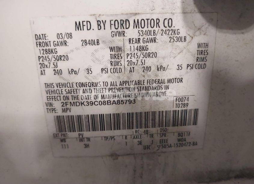 Photo 9 of 2008 Ford Edge LIMITED (VIN 2FMDK39C08BA85793)