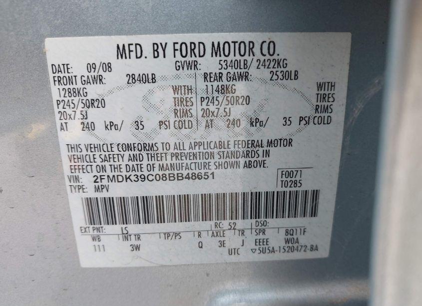 Photo 9 of 2008 Ford Edge LIMITED (VIN 2FMDK39C08BB48651)