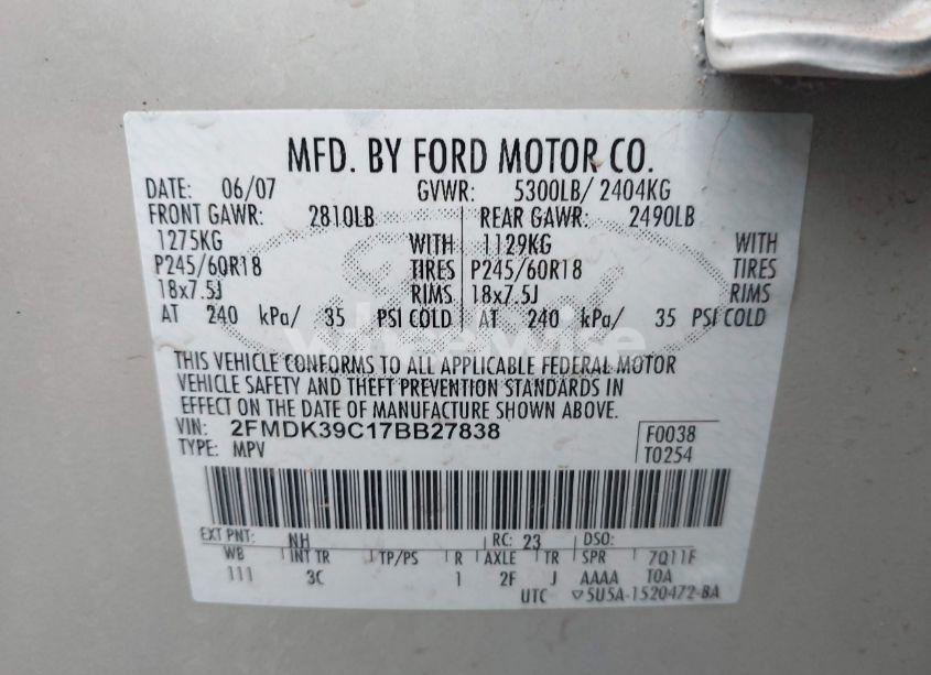 Photo 9 of 2007 Ford Edge SEL PLUS (VIN 2FMDK39C17BB27838)