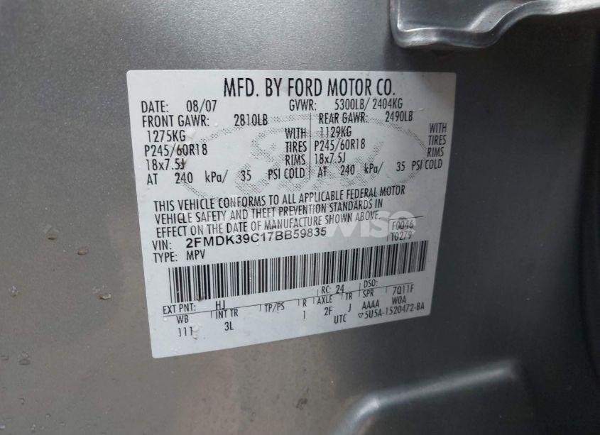 Photo 9 of 2007 Ford Edge SEL PLUS (VIN 2FMDK39C17BB59835)