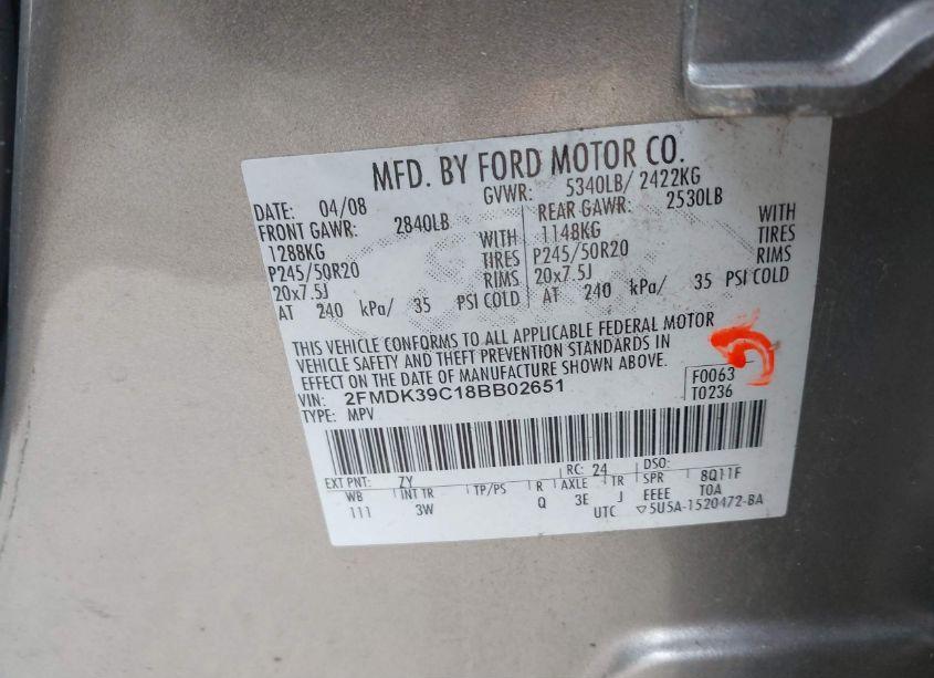 Photo 9 of 2008 Ford Edge LIMITED (VIN 2FMDK39C18BB02651)