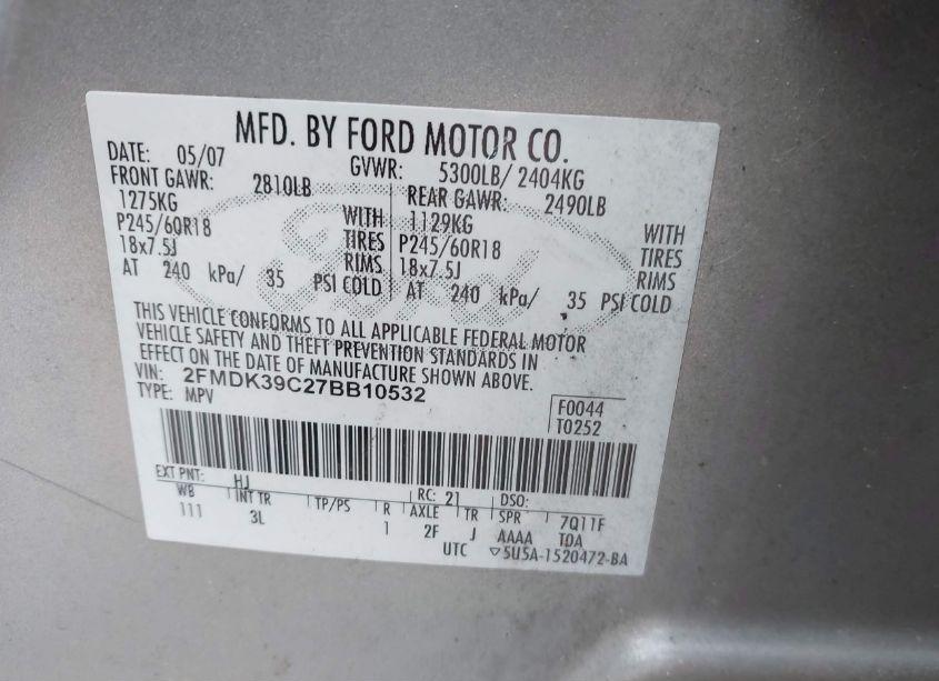Photo 9 of 2007 Ford Edge SEL PLUS (VIN 2FMDK39C27BB10532)