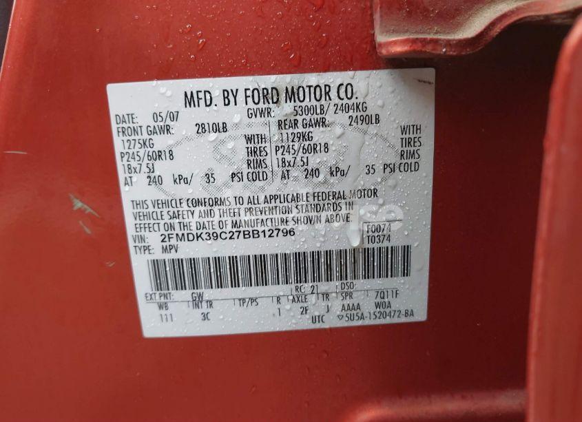Photo 9 of 2007 Ford Edge SEL PLUS (VIN 2FMDK39C27BB12796)