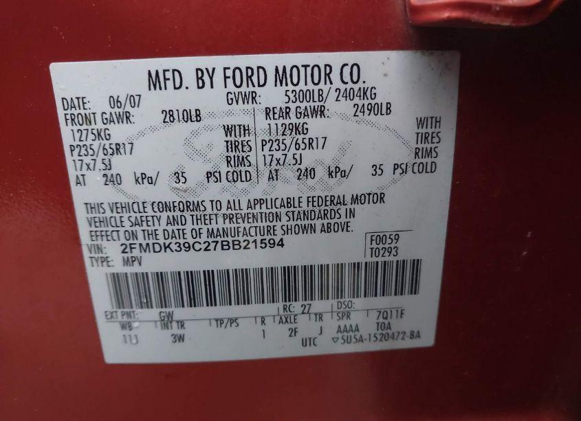 Photo 9 of 2007 Ford Edge SEL PLUS (VIN 2FMDK39C27BB21594)