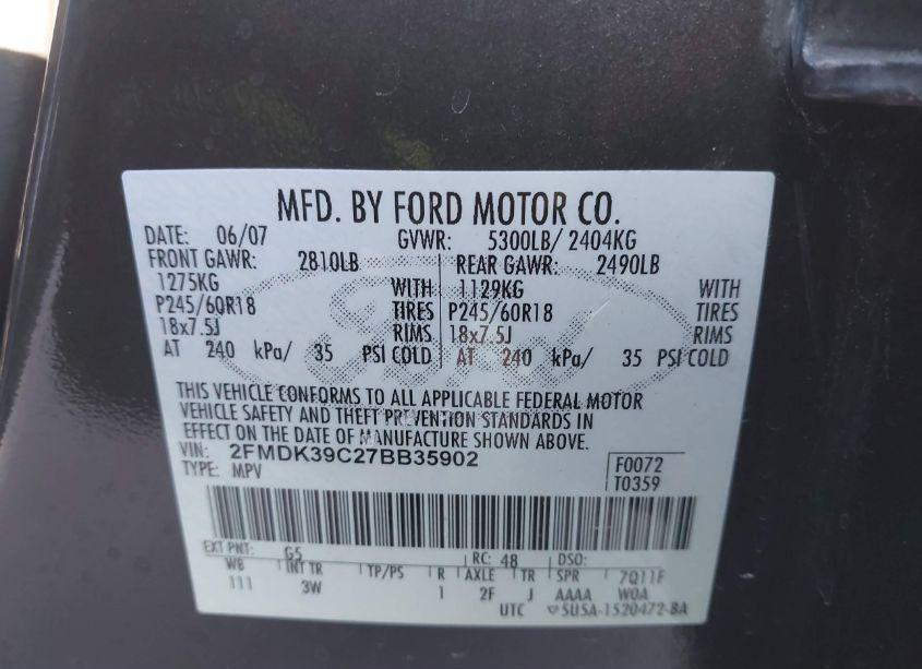 Photo 9 of 2007 Ford Edge SEL PLUS (VIN 2FMDK39C27BB35902)