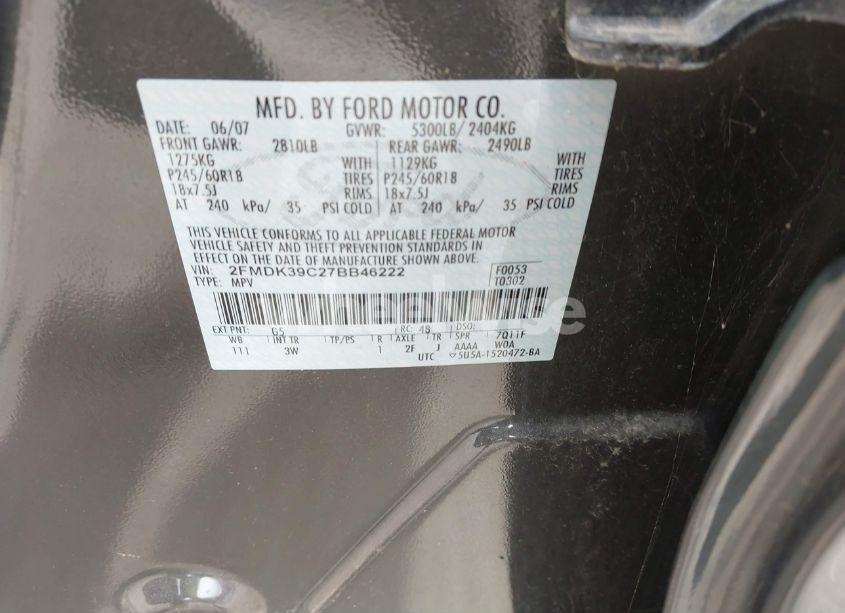 Photo 9 of 2007 Ford Edge SEL PLUS (VIN 2FMDK39C27BB46222)