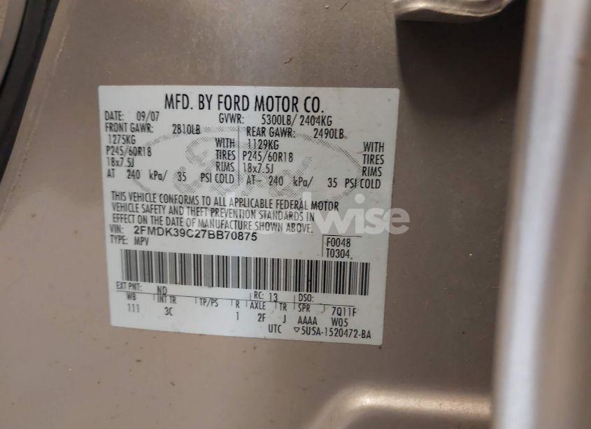 Photo 9 of 2007 Ford Edge SEL PLUS (VIN 2FMDK39C27BB70875)