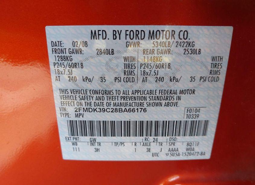 Photo 9 of 2008 Ford Edge LIMITED (VIN 2FMDK39C28BA66176)