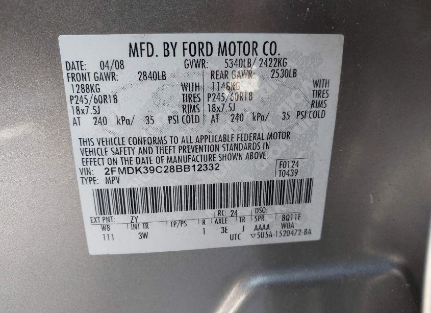 Photo 9 of 2008 Ford Edge LIMITED (VIN 2FMDK39C28BB12332)