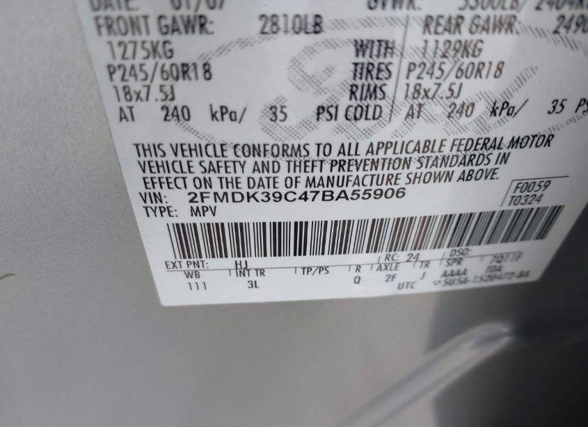 Photo 9 of 2007 Ford Edge SEL PLUS (VIN 2FMDK39C47BA55906)