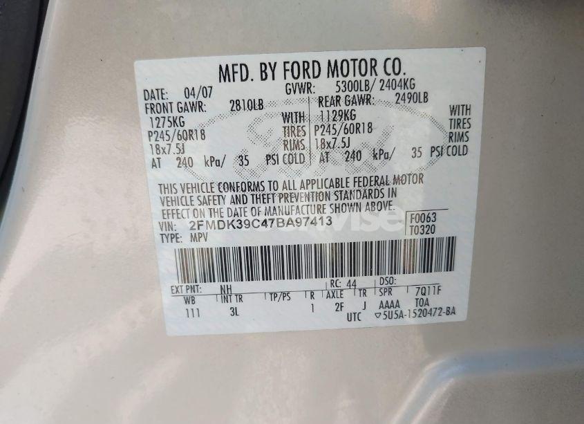 Photo 9 of 2007 Ford Edge SEL PLUS (VIN 2FMDK39C47BA97413)