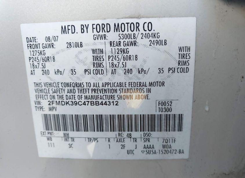 Photo 9 of 2007 Ford Edge SEL PLUS (VIN 2FMDK39C47BB44312)