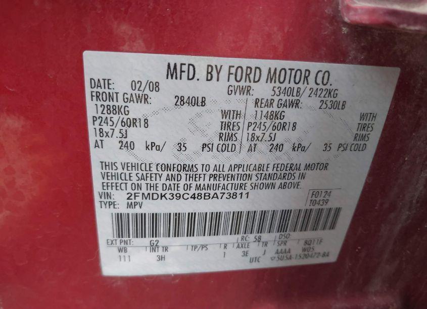Photo 9 of 2008 Ford Edge LIMITED (VIN 2FMDK39C48BA73811)