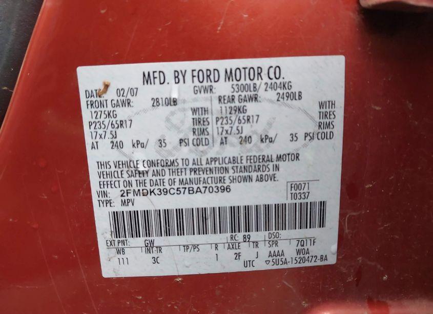 Photo 9 of 2007 Ford Edge SEL PLUS (VIN 2FMDK39C57BA70396)