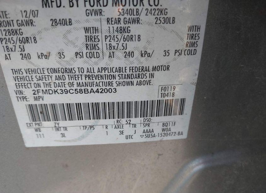 Photo 9 of 2008 Ford Edge LIMITED (VIN 2FMDK39C58BA42003)