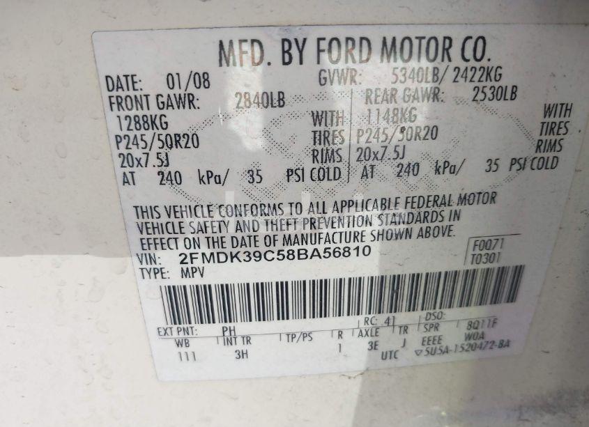 Photo 9 of 2008 Ford Edge LIMITED (VIN 2FMDK39C58BA56810)