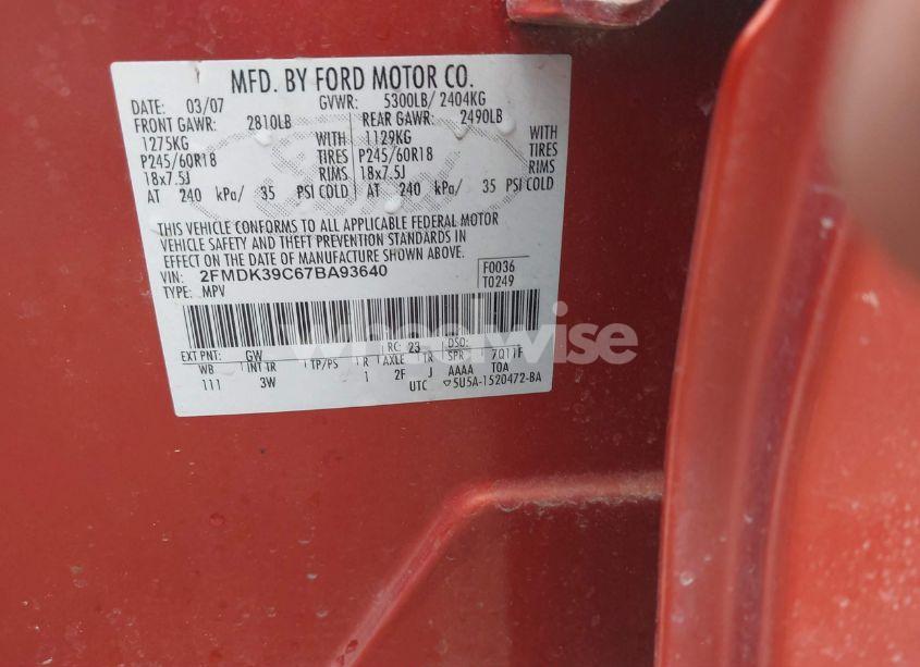 Photo 9 of 2007 Ford Edge SEL PLUS (VIN 2FMDK39C67BA93640)