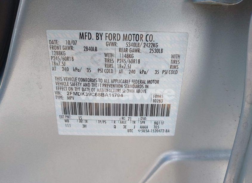 Photo 9 of 2008 Ford Edge LIMITED (VIN 2FMDK39C68BA11794)