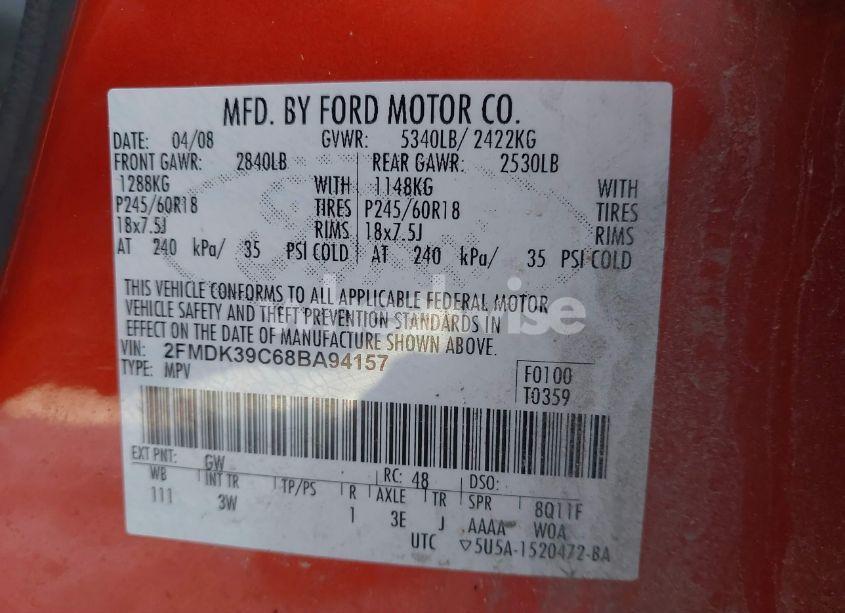 Photo 9 of 2008 Ford Edge LIMITED (VIN 2FMDK39C68BA94157)