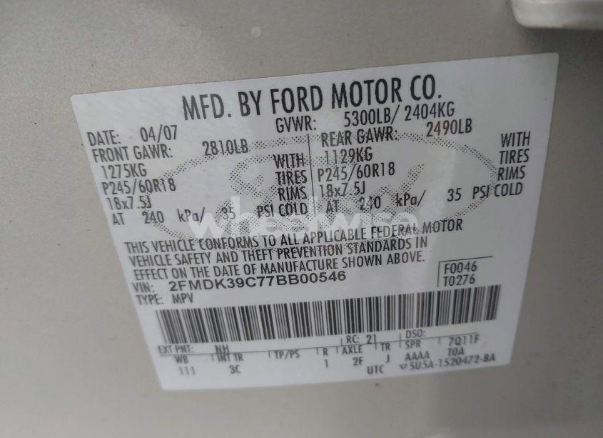 Photo 9 of 2007 Ford Edge SEL PLUS (VIN 2FMDK39C77BB00546)