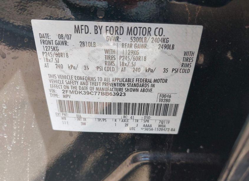 Photo 9 of 2007 Ford Edge SEL PLUS (VIN 2FMDK39C77BB63923)
