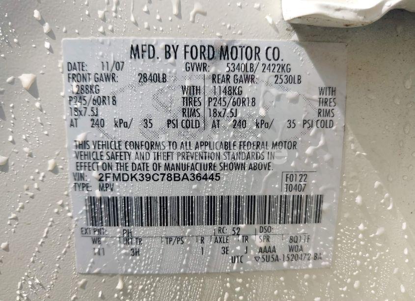 Photo 9 of 2008 Ford Edge LIMITED (VIN 2FMDK39C78BA36445)