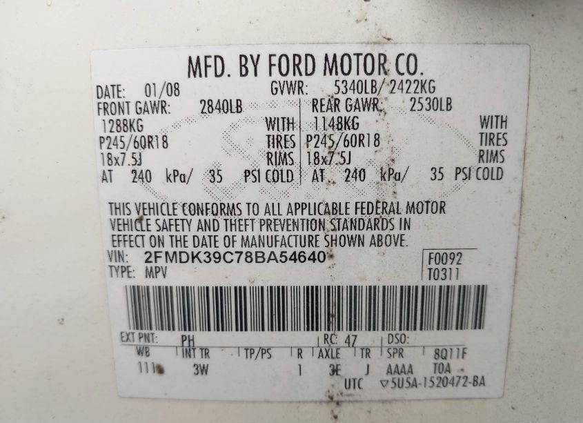 Photo 9 of 2008 Ford Edge LIMITED (VIN 2FMDK39C78BA54640)